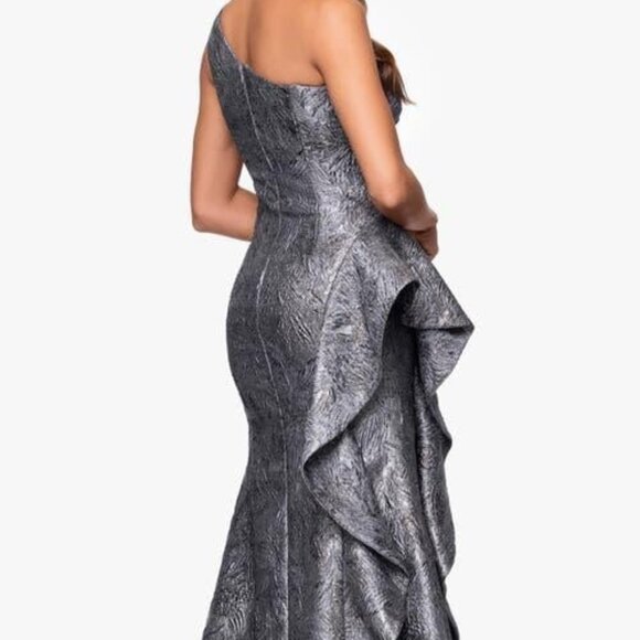 Xscape Gunmetal Metallic Ruffle One-Shoulder Jacquard Mermaid Gown - Picture 3 of 4